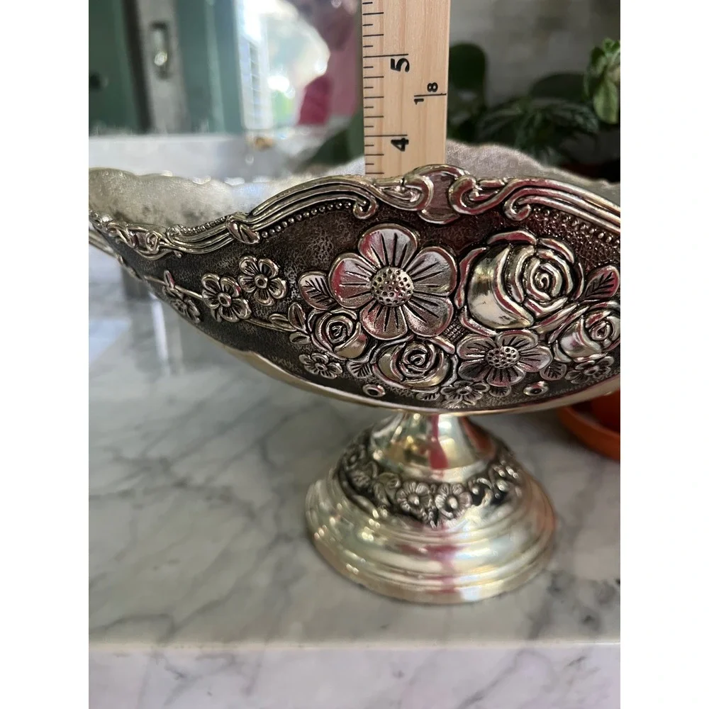 Vintage Silver Floral Embossed Footed Bowl Cache Pot Loving Cup w Handles